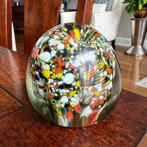 Vintage Abstract glass paperweight multicolor controlled bubble confetti blossom
